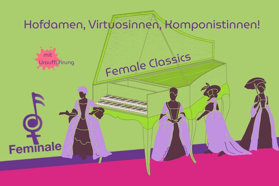 2026-04-24 Feminale Female Classics Logo der Feminale mit Illustrationen von Komponistinnen und einem Cembalo
