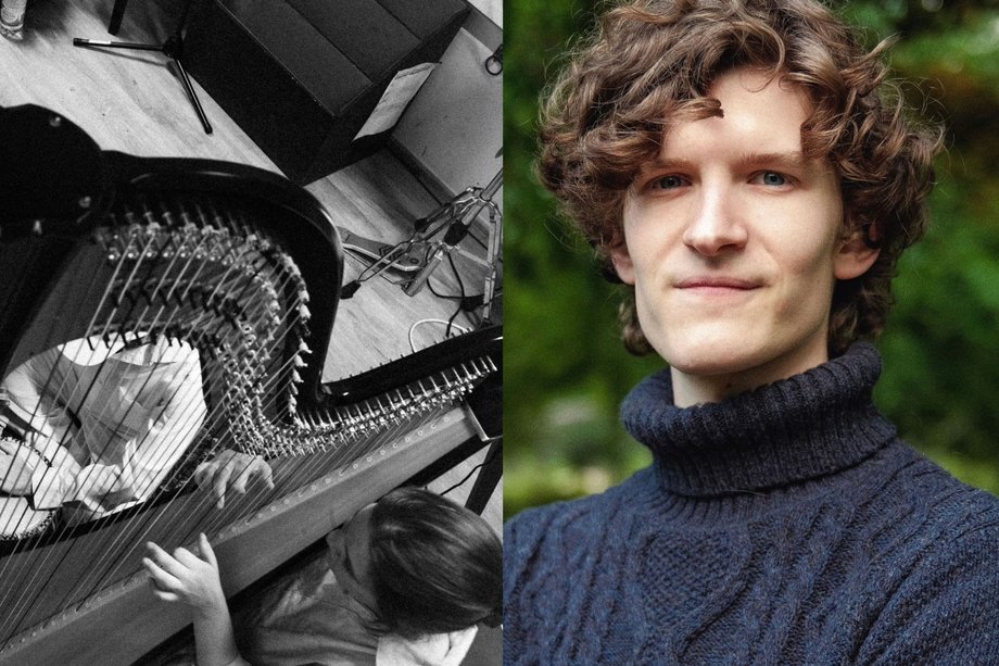 2025-10-22Sa?kh?ra Ensemble_Jacob Wagener Trio Collage mit einem Porträt und einem schwarz weiß Bild einer Harfe
