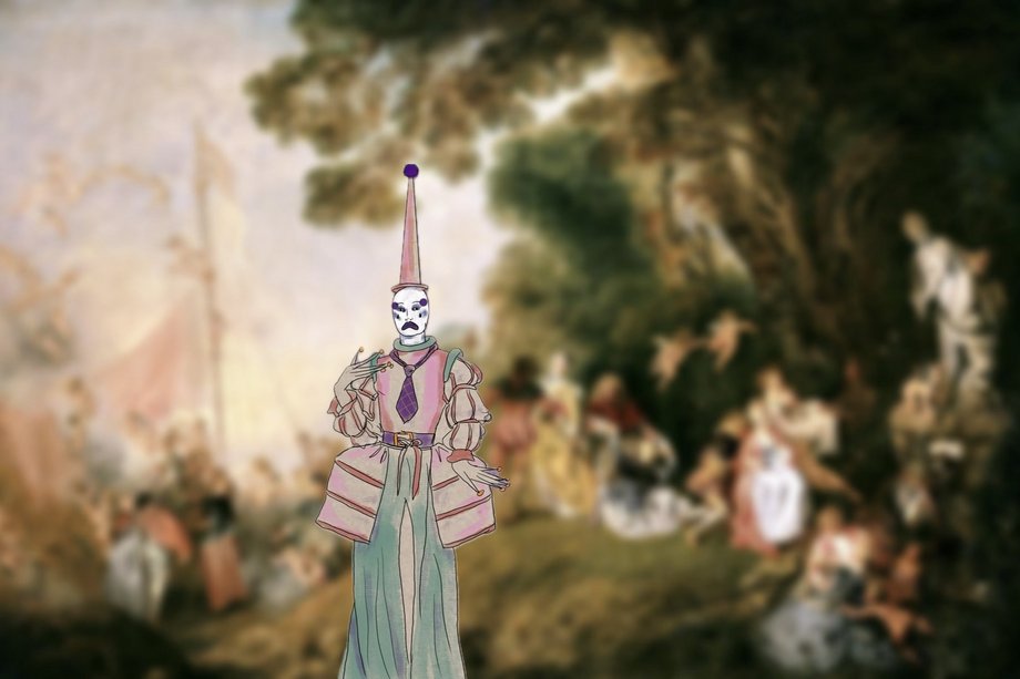 Zeichnung eines Harlekins vor sehr unscharfer Gartenfest-Kullisse