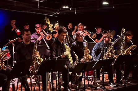 Gruppe von ca. 10-15 Personen mit Blasinstrumenten auf einer Bühne
