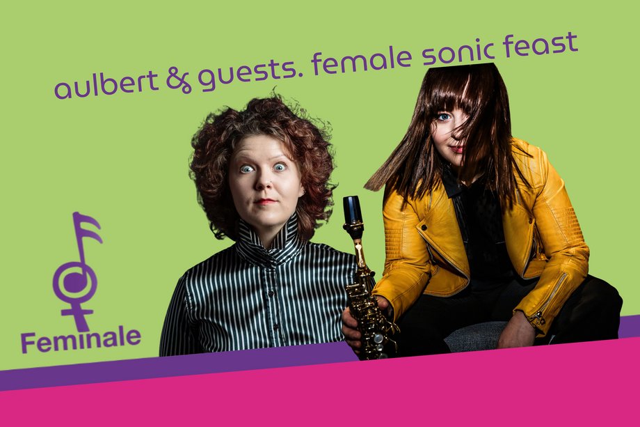 2026-04-17 Feminale aulbert & guests Logo der Feminale mit Porträts der Mitwirkenden