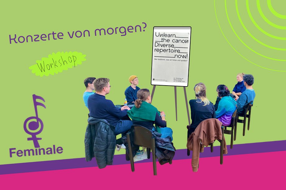 2026-04-25 Feminale Unlearn the Canon Logo der Feminale mit Bild von Personen in einem Stuhlkreis