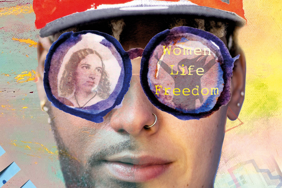 Gesichtscollage. In Brille spiegeln sich Fanny Hensel und "Frau.Leben.Freiheit"
