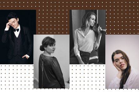 2026-02-09 Liederabend Porträts der vier Mitwirkenden auf braun weiß gepunktetem Hintergrund