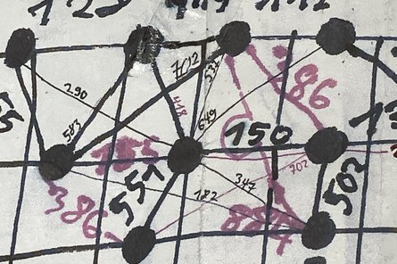 2026-04-12 Assemblage Zeichnung ais Punkten und Strichen, versehen mit Zahlen in schwarz und lila