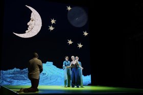 Stage set with moon, stars and 4 performers