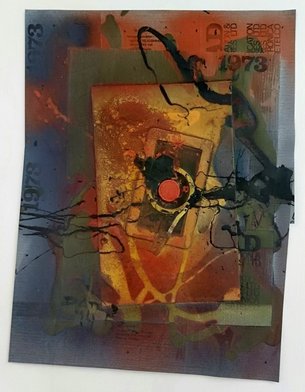 Red dot (mixed media on paper) by Dan Richter-Levin Abstract picture with many colors, strokes, patterns. Red dot in the center