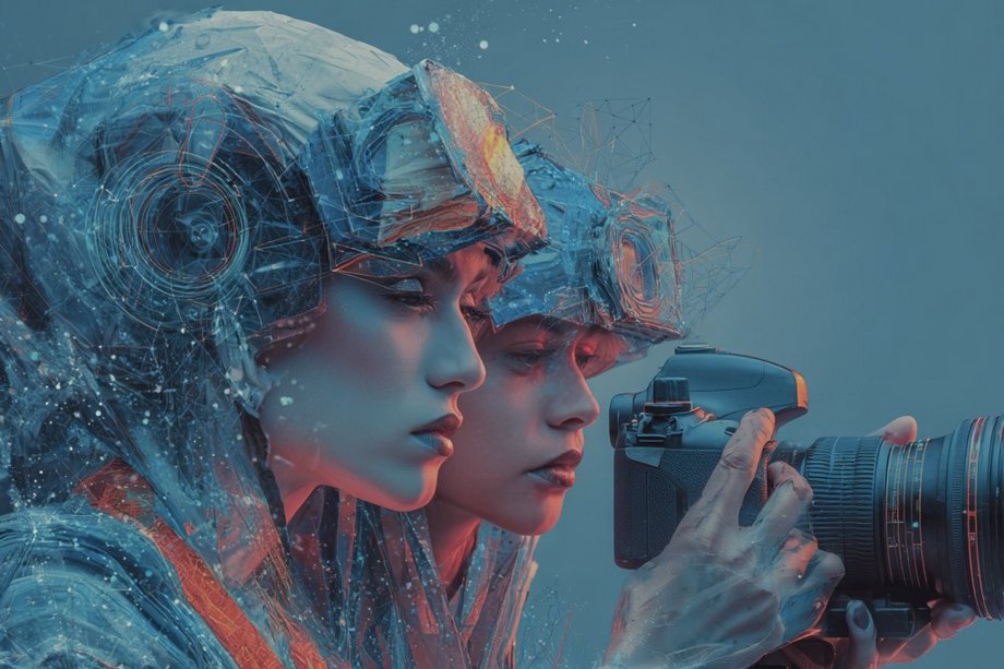 KI-generiertes Bild von 2 Personen, die auf eine Kamera schauen