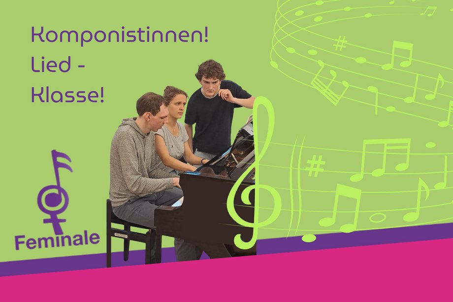 2026-04-25 Feminale Komponistinnen! Logo of the Feminale with picture of participants of the song class