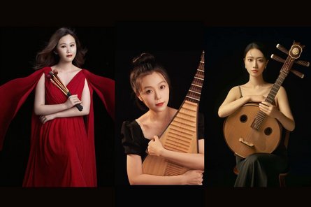 2026-01-16 Klangwege Chinas Collage dreier Porträts von Musikerinnen mit den chinesischen Instrumenten