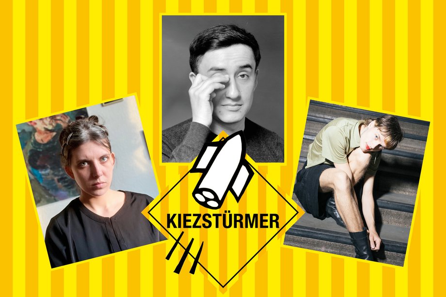 2026-05-30 Kiezstürmer Collage von Künstlerporträts auf gelb orange gestreiftem Hintergrund