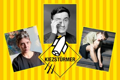 Collage von Künstlerporträts auf gelb orange gestreiftem Hintergrund