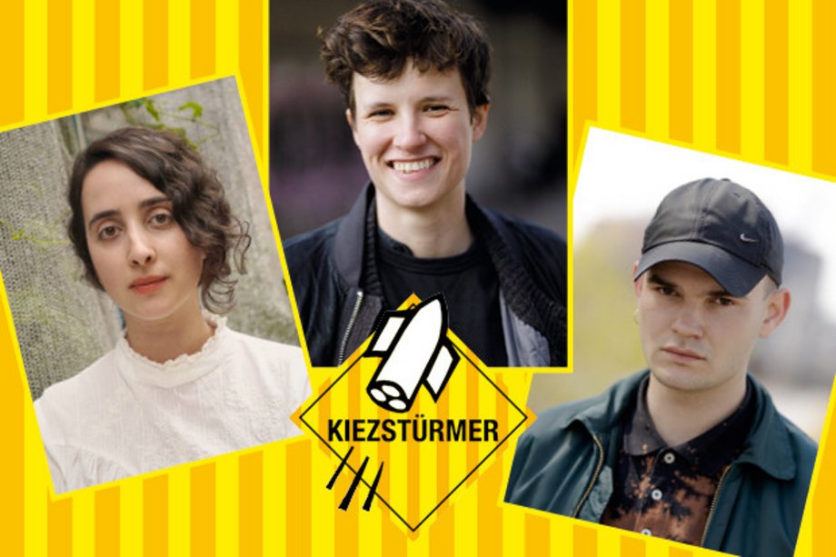 Kiezstürmer Collage 2023 Drei Portraits und die Grafik einer startenden Rakete