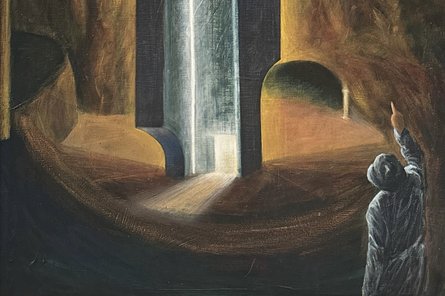 gemaltes Konzeptbild: Person in surrealem Gebäude