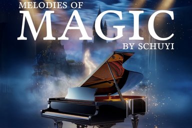 Wings in front of a dark background with a castle