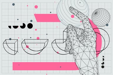 graue abstrakte Grafik mit pinken Details, Hand im  Vordergrund