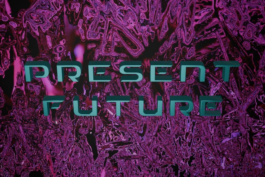 2024-06-01 Present Future lila-schwarzes Farbspiel als Hintergrund für "Present Future"