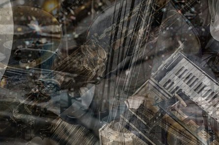 2026-04-15 A Bach Odyssey by SPIIC+ Ensemble Bilder von verschiedenen Instrumenten transparent übereinander gelegt