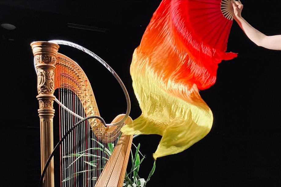 re:lation EMP in Performance Harfe und Seidentuch