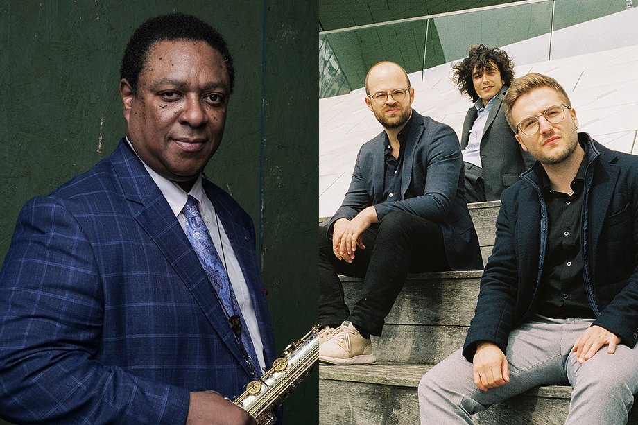 Vincent Herring & Joan Fort Trio Collage. Links ein Mann, rechts drei Männer auf einer Treppe