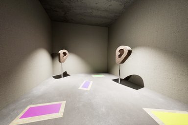 The Ear Wants To Hear grauer Raum mit zwei ohrenförmigen Ausstellern + vier bunten Vierecken am Boden