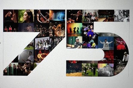 Logo 75 Jahre HfMT die Zahl 75 bestehend aus vielen kleinen einzelnen Fotos
