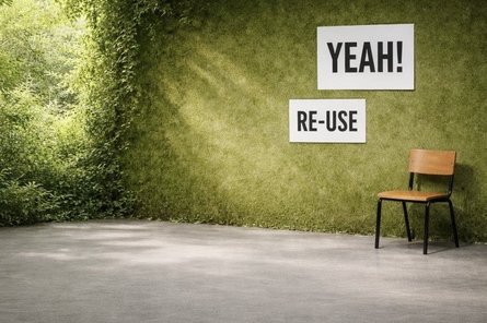 Raum mit Wänden aus Gebüsch mit einem Stuhl; an der Wand Schilder "Yeah! Re-use"