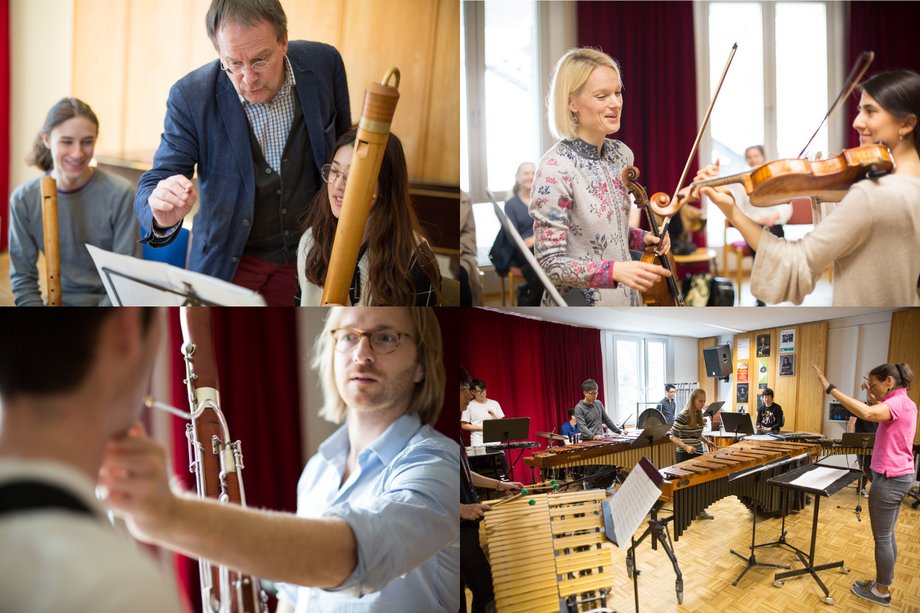 Collage (Unterricht) Tag des Studios Vier Bilder mit Lehrenden die ein Instrument unterrichten