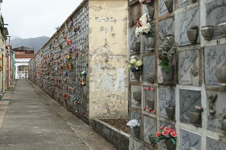 Nos Vivimos Muriendo Grabstättenmauer auf einem Friedhof mit Vasen und Blumen