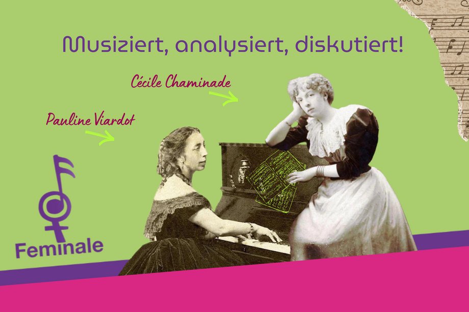 2026-04-24 Feminale Musiziert, analysiert, diskutiert Logo of the Feminale with pictures of Cecile Chaminade and Pauline Viardot