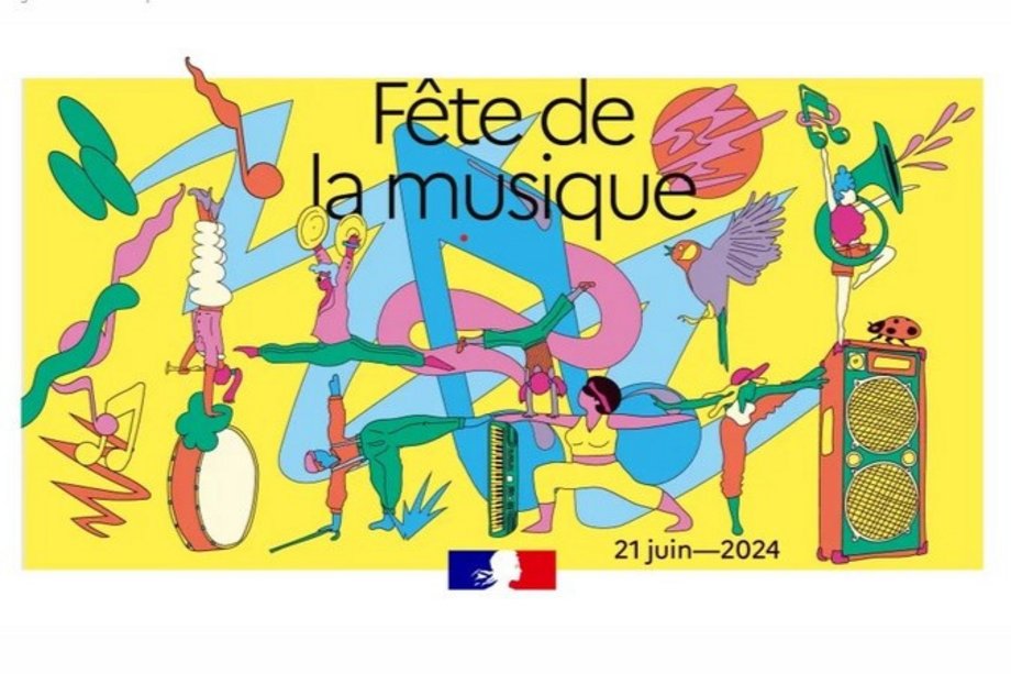 Fête de la Musique (2024) Plakat mit Tänzer:innen, Instrumenten, Noten und Tieren drauf