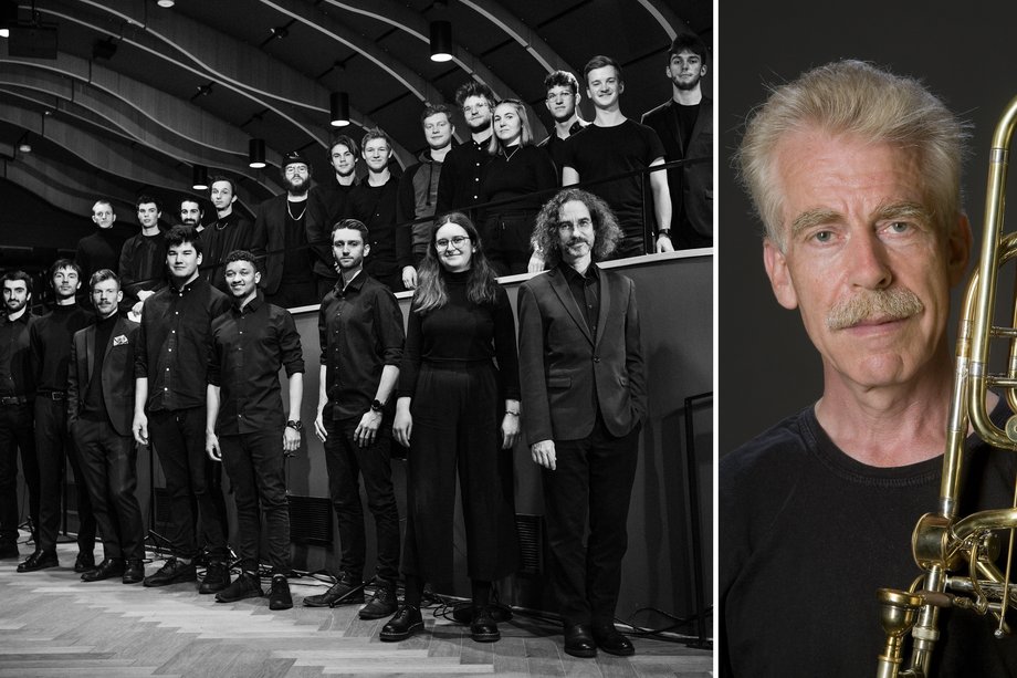 HfMT Bigband feat. Erik van Lier Collage HfMT Bigband und Portrait Erik van Lier