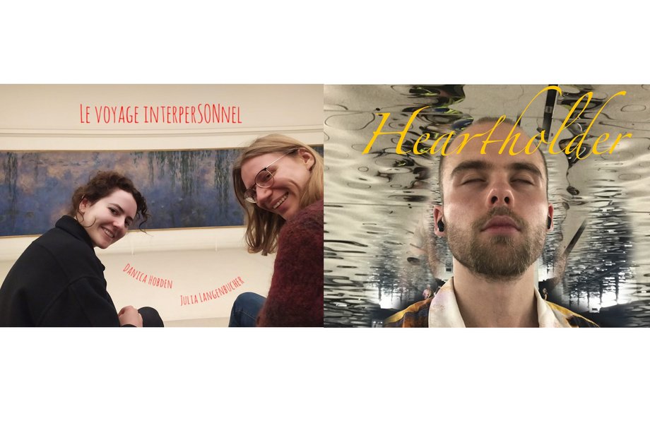 Heartholder I Le voyage interperSONnel Links: 2 Personen vor Gemälde Rechts: Kopf umgeben von Wasser