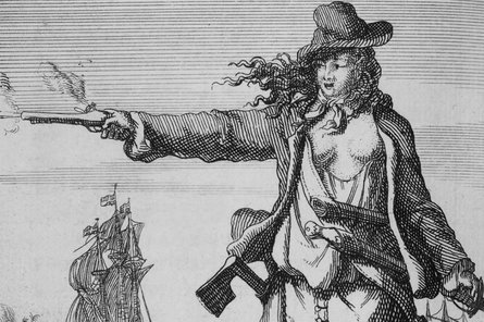 Zeichnung einer Person mit Revolver; im Hintergrund ein großes Schiff