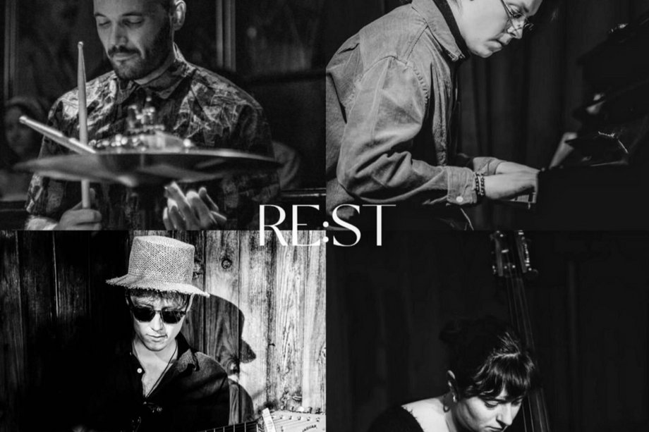 RE:ST Quartet Collage aus Musizierenden, Schriftzug REST