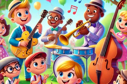 Grafik von Kindern, die Instrumente spielen und lachen