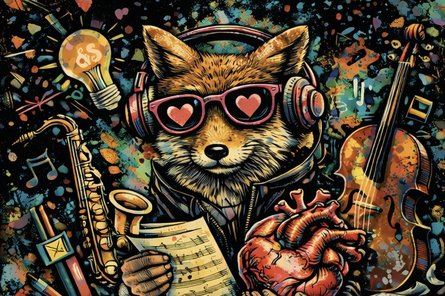 2026-01-31 Kompositionsabend KI-generiertes Bild von einem Fuchs mit Sonnenbrille und Notenpapier