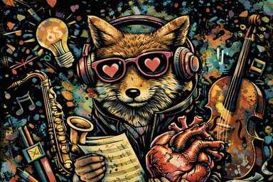 AI-generated image of a fox with sunglasses and music paper