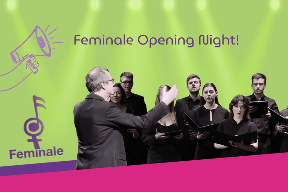 2026-04-23 Feminale Opening Night Logo der Feminale mit Bildern der Mitwirkenden
