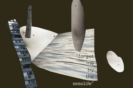 In This City, I Have Loved abstrakte Collage mit Text "forget me by the seaside" auf dunklem Hintergrund