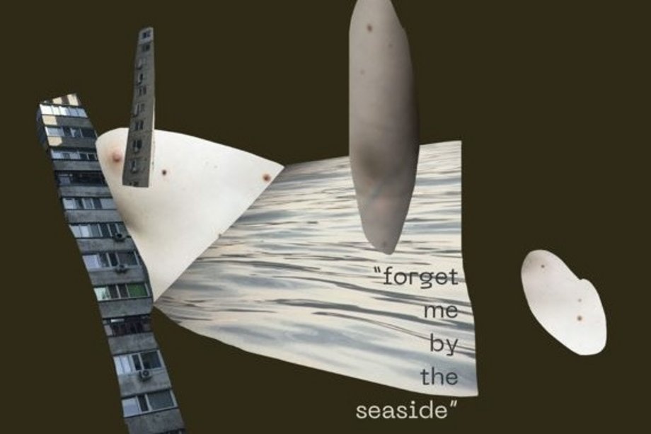 In This City, I Have Loved abstrakte Collage mit Text "forget me by the seaside" auf dunklem Hintergrund