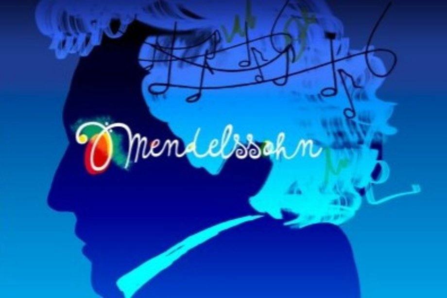 Mendelssohn Summer School 2025 Profilzeichnung von Mendelssohn im Profil in Blautönen