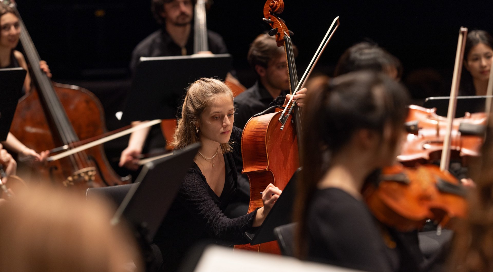 Blick in die Bassgruppe des Orchesters mit Cello und Bässen