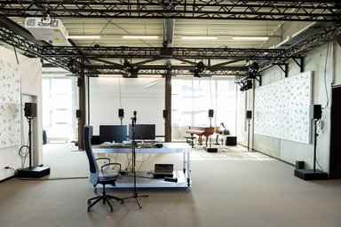 ligeti zentrum. production lab Empty event room with grand piano and technical equipment