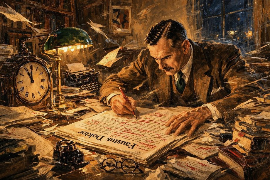 AI-generated image of Thomas Mann at his desk