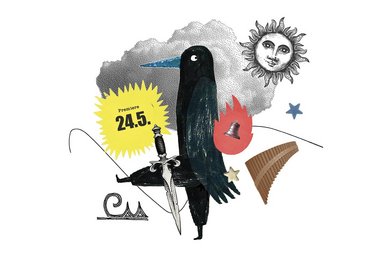Sommeroper 2026 Collage: Vogel mit Schwert, Wolke, Sonne, Panflöte, Glocke, Wellenillustration