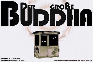 Grafik mit Veranstaltungstitel, darunter kleine graue Hütte mit Plakaten außen